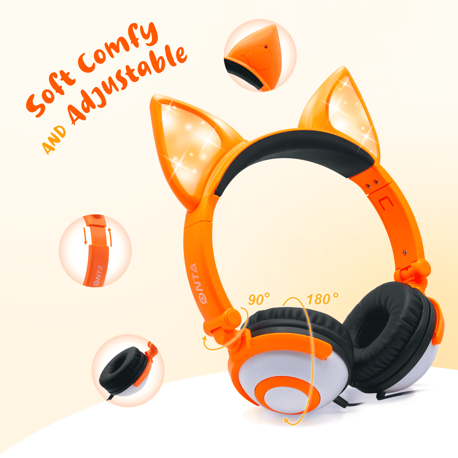 ONTA Kids Headphones with Cute LED Glowing Cat Ears Foldable Noise Canceling and Adjustable Toddlers Headphones for Boys and Girls Orange