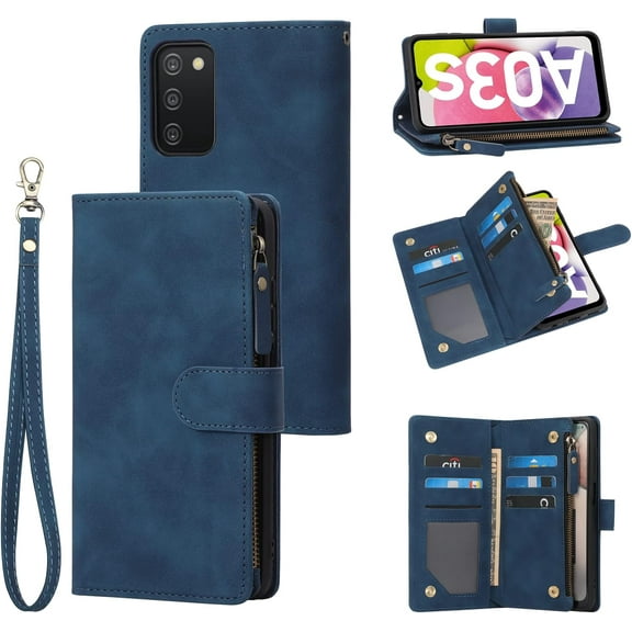 Compatible with [US Version] Galaxy A03S Wallet Case, Premium PU Leather Zipper Folio RFID Blocking with Card Slot Wrist Strap Magnetic Closure Protective Phone Case for A03S (Blue)