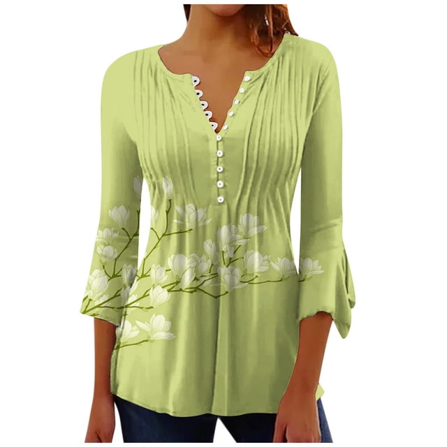 Pompotops Blouses Décontractées pour Femmes à Manches 3/4 Évasées Imprimées Boutonnées Basiques Froncées Plissées en Solde