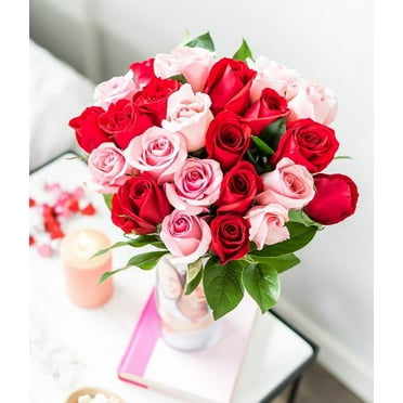 From You Flowers - Two Dozen Red & Pink Long Stem Roses with a Clear Glass Vase for Birthday, Anniversary, Get Well, Congratulations, Thank You, All Occasions
