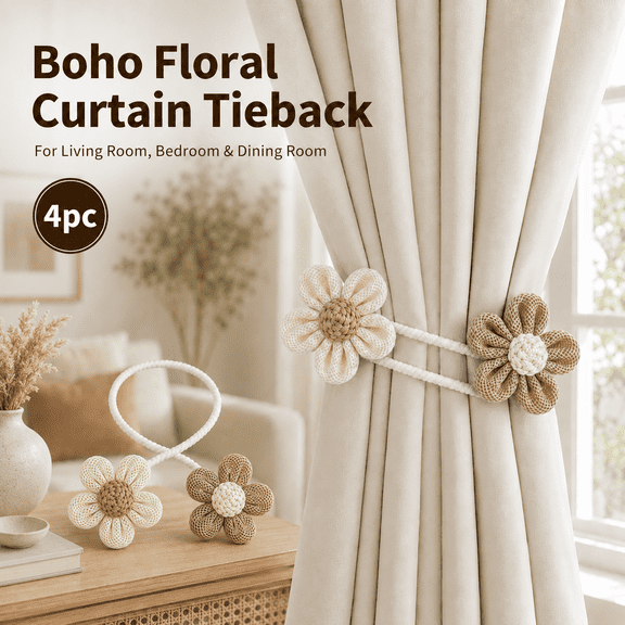 MORAVE 4 Pack Boho Flower Curtain Tiebacks, Elegant DIY Decorative Window Drape Twist Tie Backs Curtain Holdbacks for Bedroom Nursery Farmhouse Decor