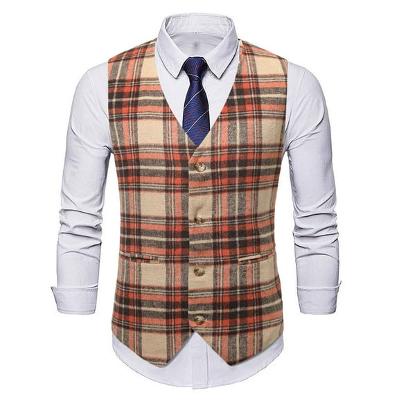 Holloyiver Men's Plaid Waistcoat Wool Blend Tailored Collar/V-neck Slim Fit Vest Suit Business Waistcoat Khaki