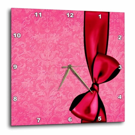 3drose, Rich Red Faux Satin Bow on Pink Grunge Damask Background, 10x10 Wall Clock