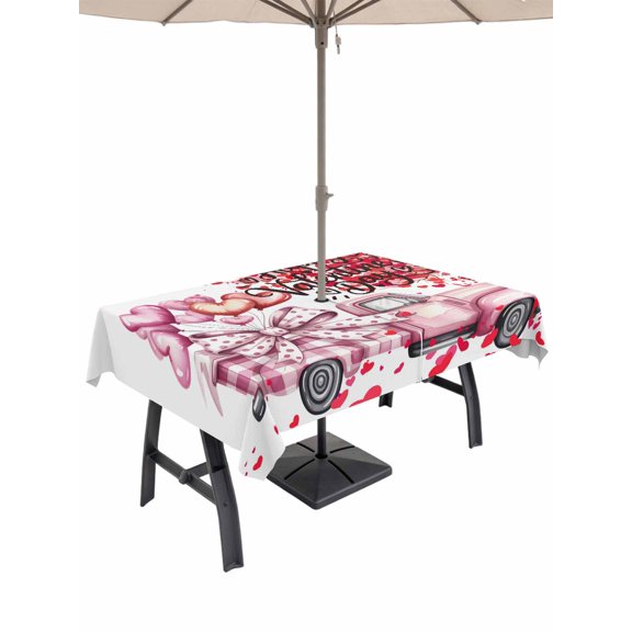 Outdoor Tablecloth with Umbrella Hole and Zipper, Valentine's Day Rectangle Table Cloth 60x120 Inch Waterproof Tablecloth, Watercolor Trucks Love Tree Balloons Picnic Table Cover for Patio Camping
