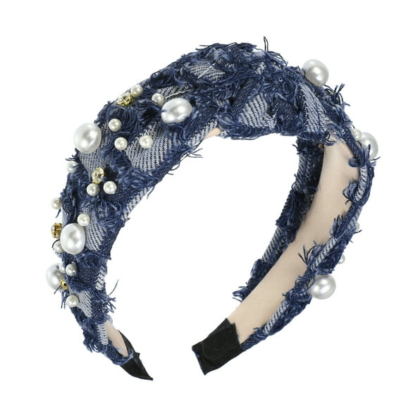 Vocoste Pearly Crystal Knotted Women Headband for women Deep Blue 5.24"x1.97"