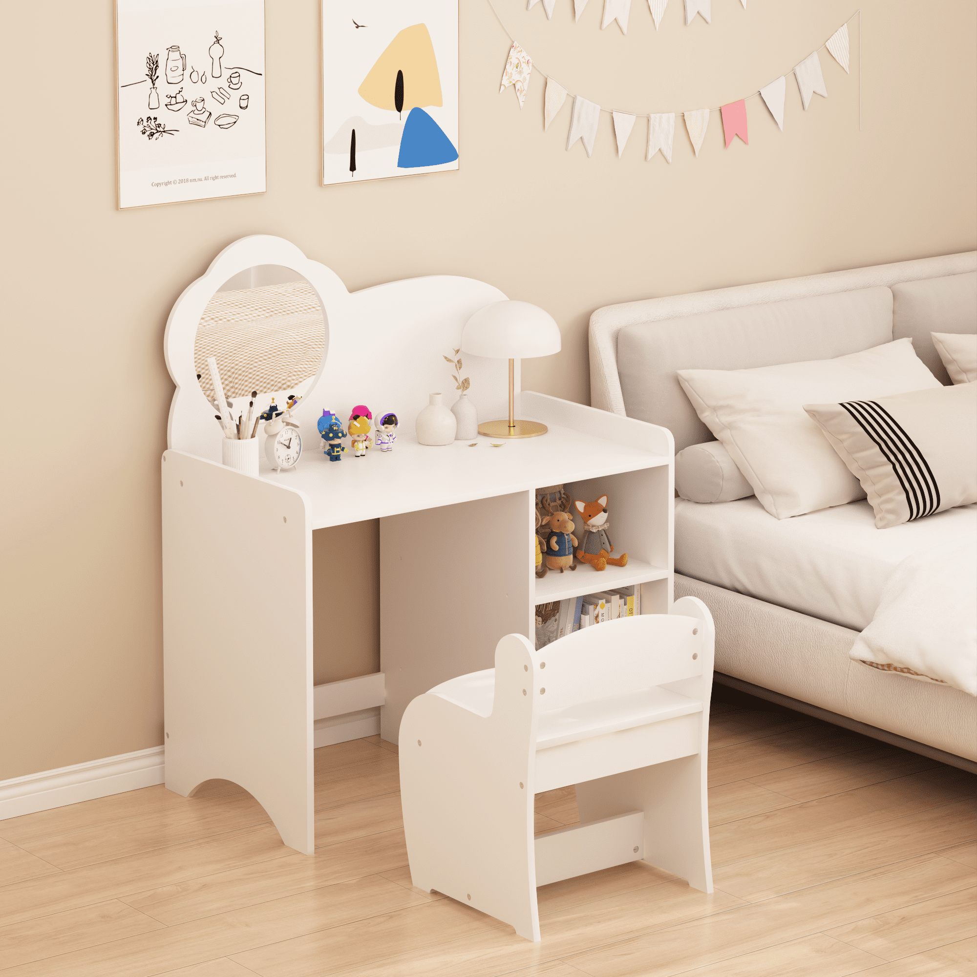 Kids Vanity Table with Mirror and Chair, Wooden Children's Dressing Makeup Desk with Storage Shelves, Study and Activity Table for Girls and Boys, Playroom Bedroom Furniture - White