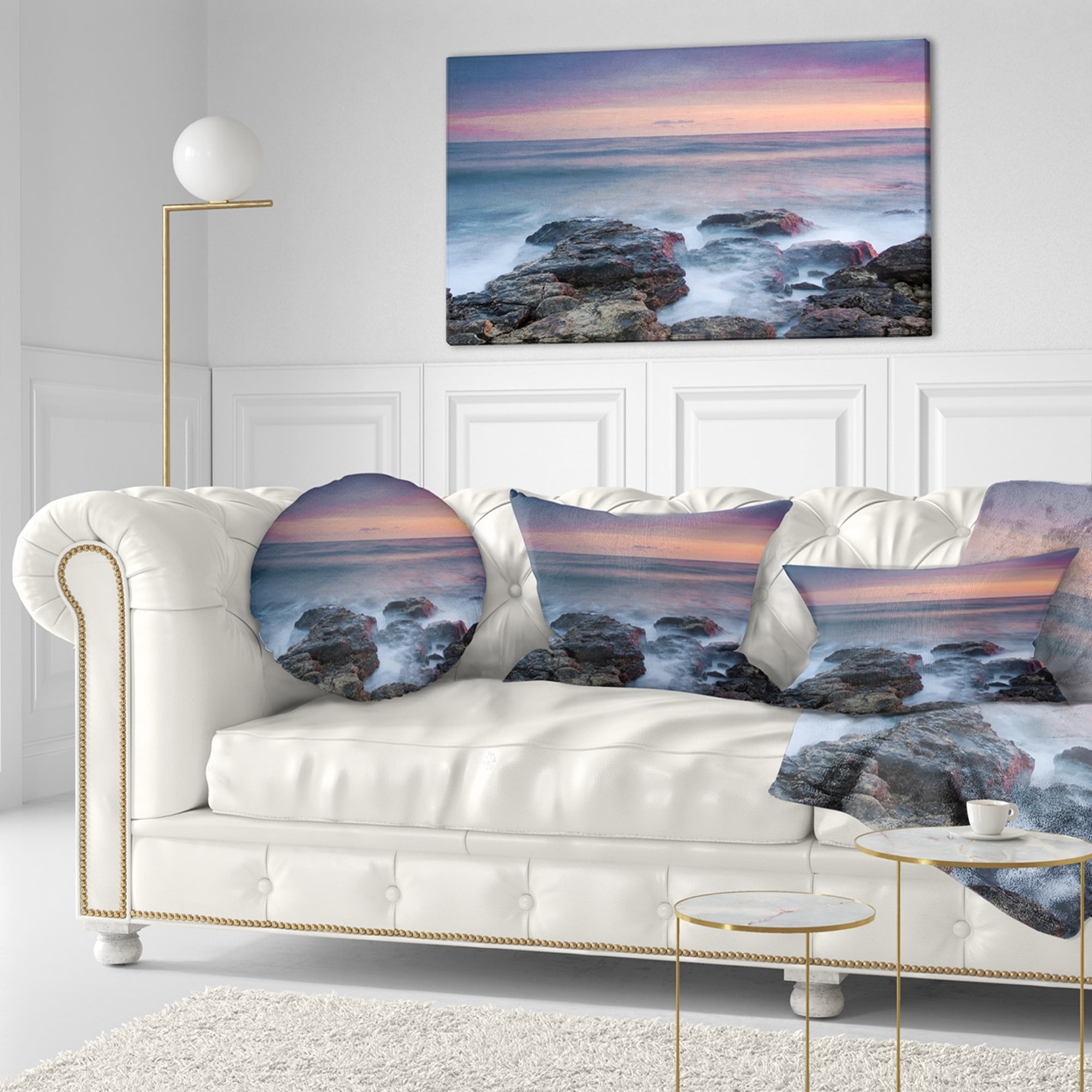 Designart Blue Rocky Sea Beach Sunset - Modern Landscape Printed Throw Pillow - 12x20