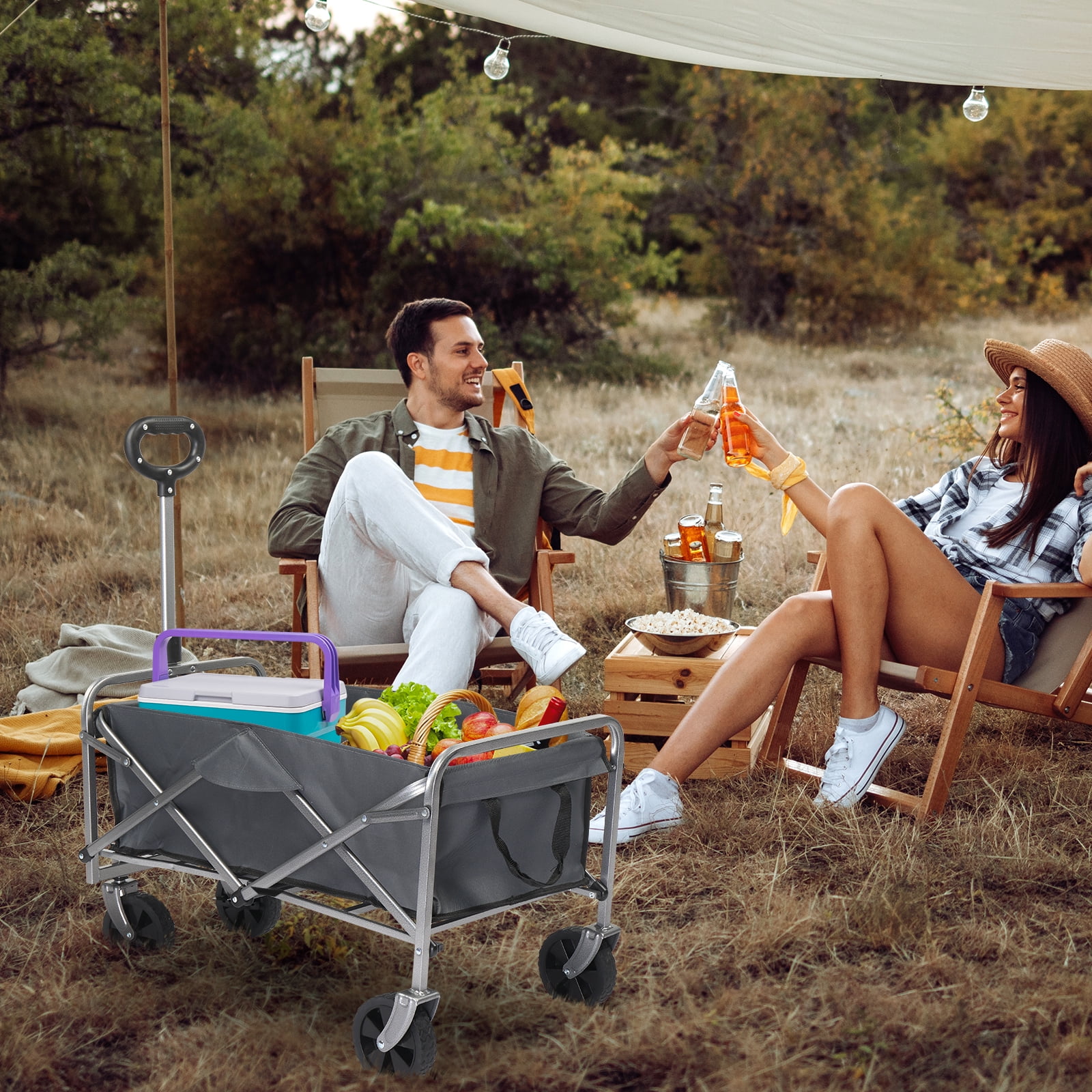 Garden Folding Cart, 600d Oxford Cloth Steel Frame Flat Folding Style Grey Cloth Silver Frame, 74.5*45.5*84cm 100kg
