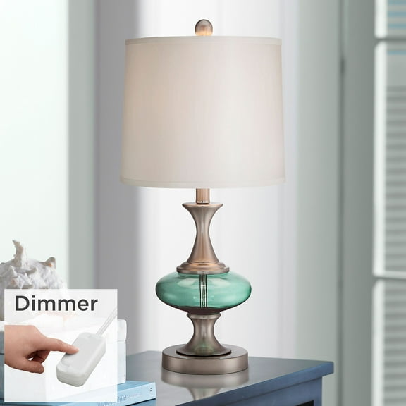 360 Lighting Reiner Modern Accent Table Lamp 23" High Brushed Nickel Blue Green Glass with Dimmer Off White Drum Shade for Bedroom Living Room House