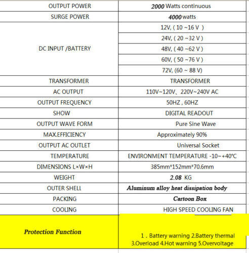 2000W 4000W 72V to 110V 120V Pure Sine Wave Power Inverter + Remote Control USB
