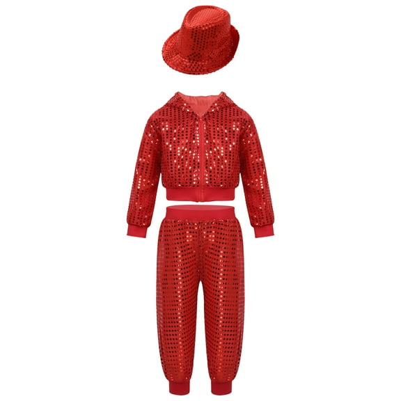 YONGHS Kids Sequin Performance Jazz Hip Hop Dance Outfits Long Sleeve Jacket Top with Pants Hat Set Red 7-8