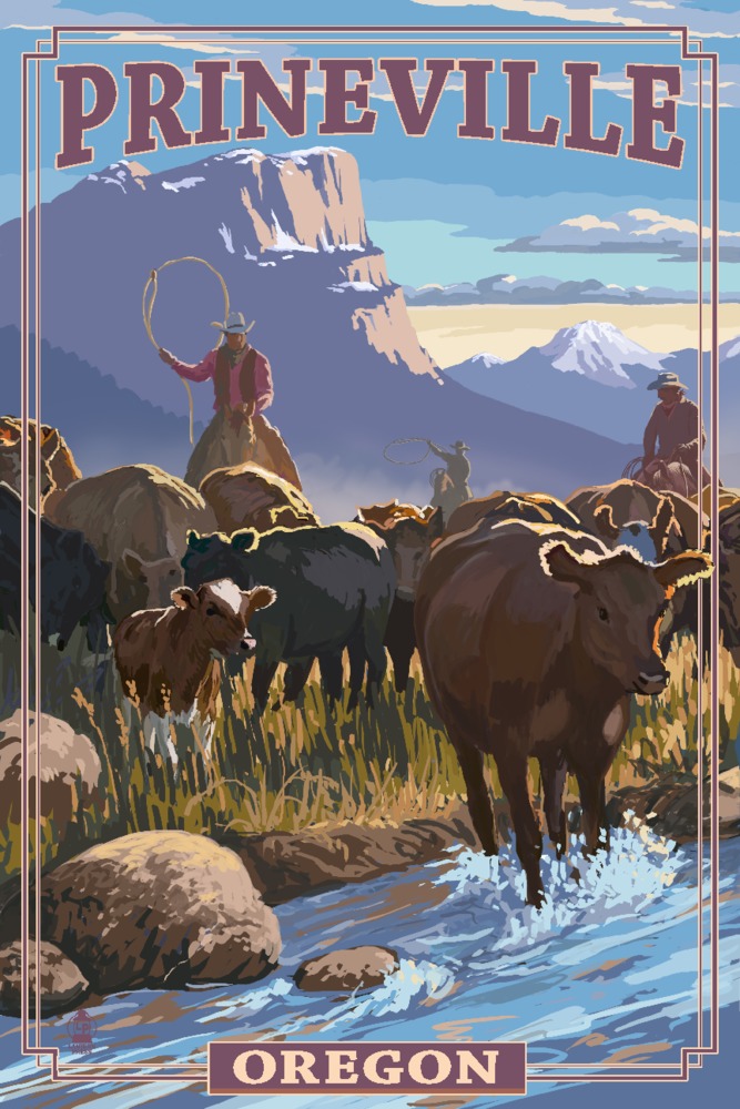 Prineville, Oregon, Cowboy Cattle Drive Scene (16x24 Giclee Gallery Art