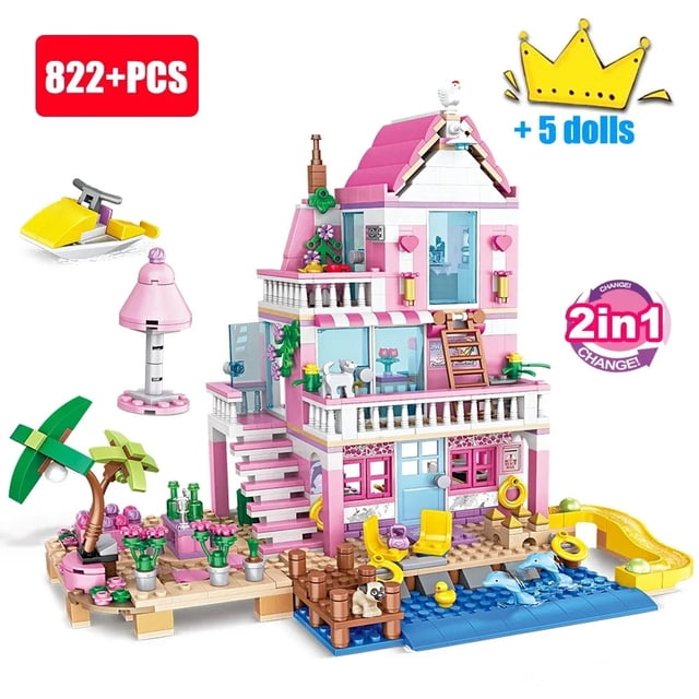 City Tree House Summer Villa Building Blocks Set, Garden Castle with Swimming Pool & Mini Figures, DIY Street View Model Toy, Birthday Holiday Gift for Kids