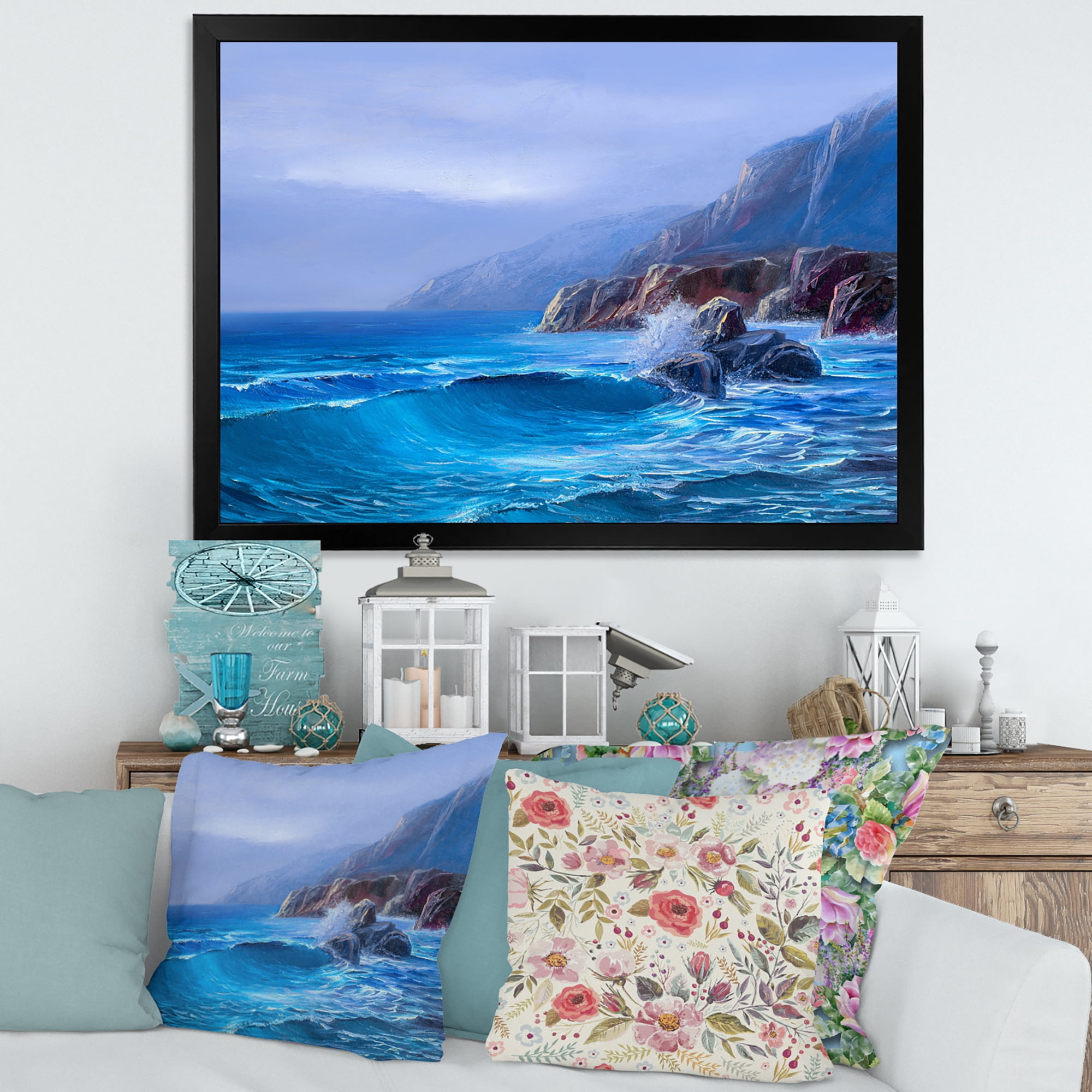 Sunrise Glow On Sea Wave Paints On A Canvas 32 in x 24 in Framed Painting Canvas Art Print, by Designart