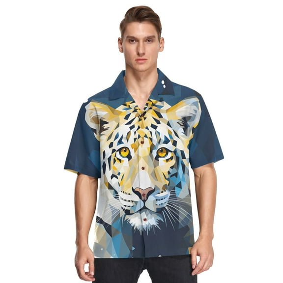 Leopard Cheetah Front Men's Hawaiian Wrinkle Free Button Down Short Sleeve Shirt Casual Shirts Beach Shirts