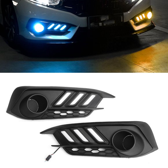 x xotic tech Front Bumper LED Fog Lights Bezel Cover Compatible with Honda Civic 10th Gen 2016-2018 2/4 Door Only, Switchback Turn Signal Lamps w/Wiring Harness Kit, Amber/White/Blue