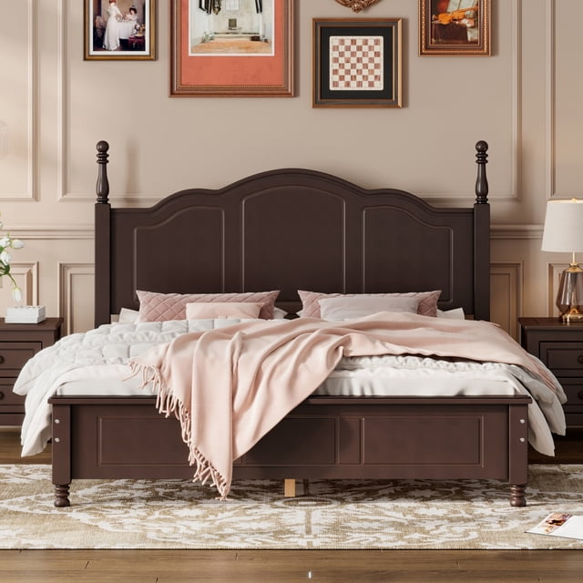 MODERNLUXE Lit Plateforme en Bois Format Grand, Cadre de Lit Style Rétro avec Lattes en Bois pour Garçons Filles Adultes, Noyer