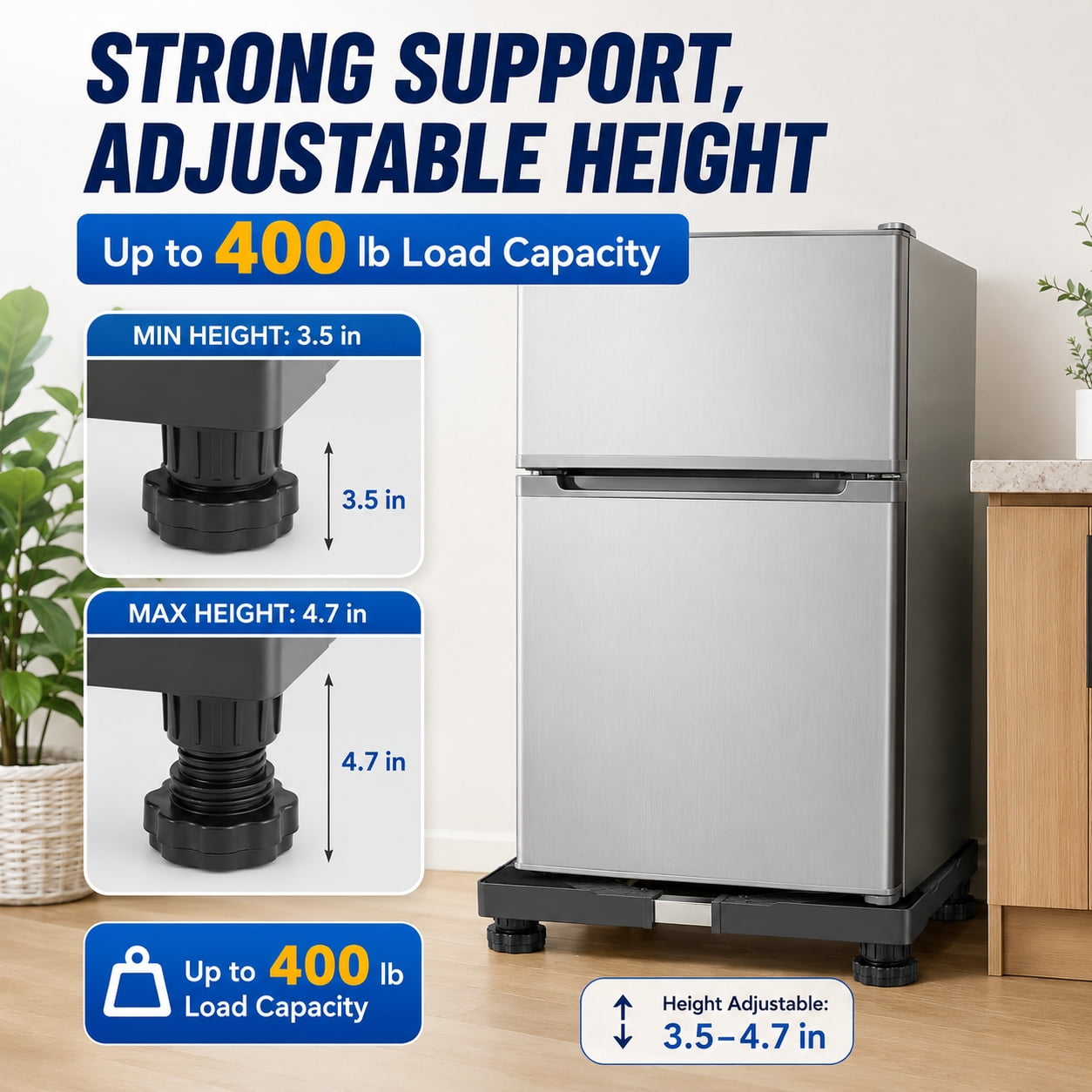 PurePick Adjustable Mini Fridge Stand, Universal Appliance Base for Washer, Dryer and Refrigerator, 4 strong feet, Gray