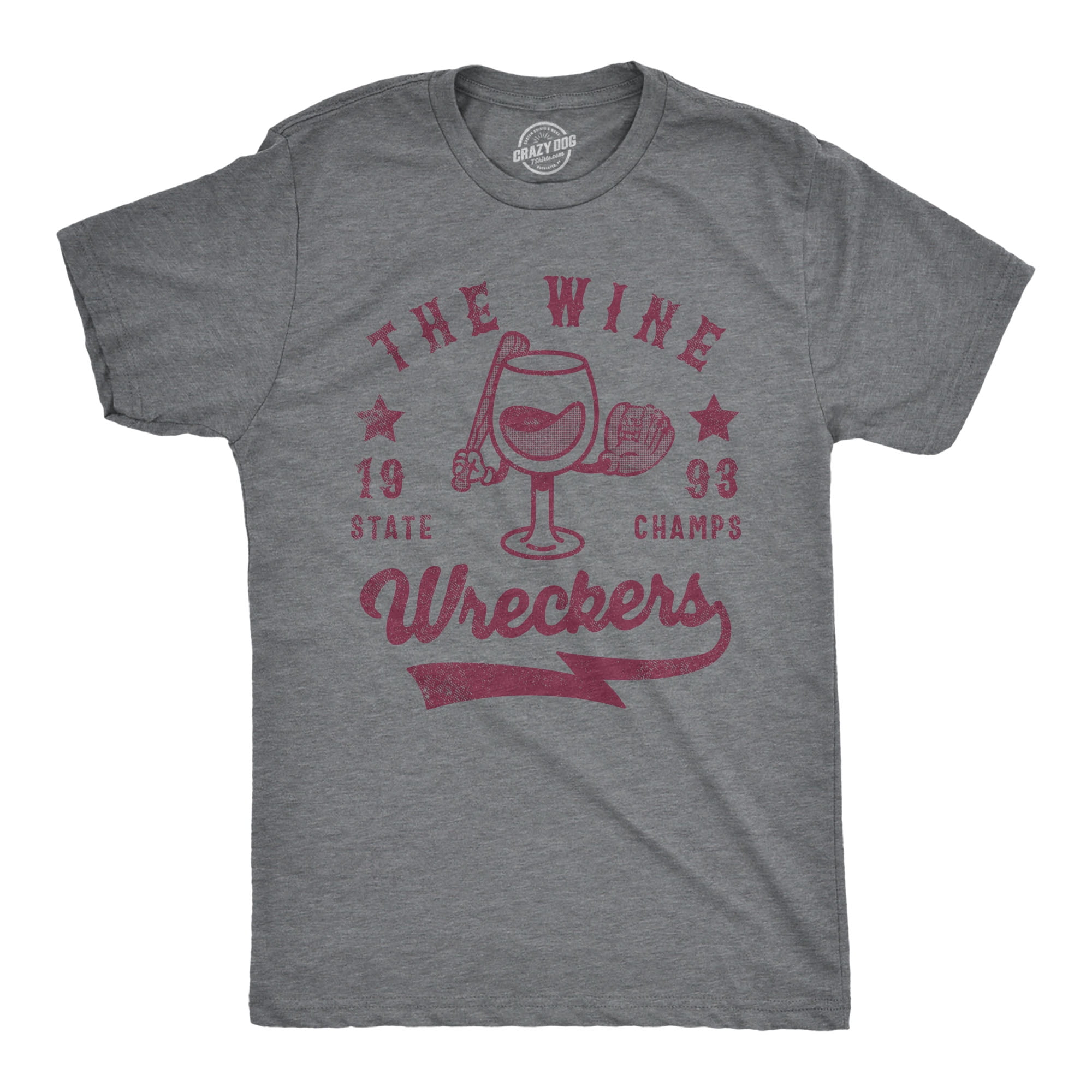 Mens The Wine Wreckers State Champs T Shirt Funny Booze Baseball Team Tee for Guys (Dark Heather Grey - WINE) - S