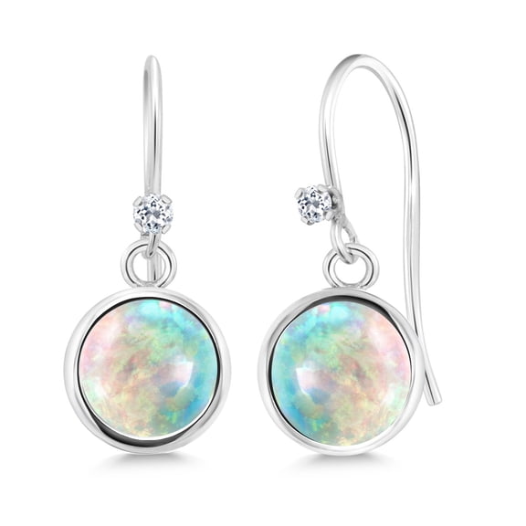 Gem Stone King 925 Sterling Silver Cabochon White Simulated Opal White Topaz 925 Silver Dangle Earrings for Women (0.62 cttw, Round 6MM)