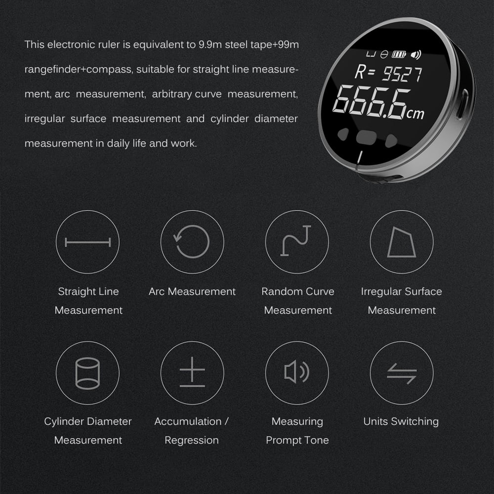 Little Q 8 in 1 Electronic Ruler LCD Display Finder 99m High Accuracy Handheld Length Measuring Tool Long Standby Rechargeable Ruler