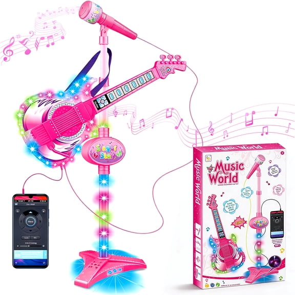 LINXUXIE Guitar and Microphone Play Set for Toddler, Adjustable Height Guitar Toys,Karaoke Machine Gift for Boys & Girls