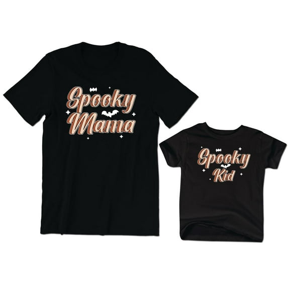 Spooky Mama Women's T-Shirt Halloween Bats Graphic Tee Spooky Kid Toddler Shirt Baby Bodysuit Family Matching Mommy Daughter Son Outfits