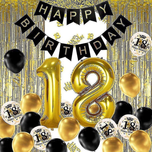 18 Años Deco Cumpleaños Oro Negro, Pancarta De Feliz Cumpleaños, Globo De Helio Números 18 Xxl, Cortina De Flecos Confeti Negro Dorado Tablero De Números De Látex Deco Co