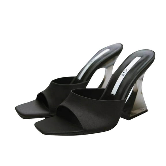 Tao Tao Women’s Clear Heels Square Toe Open Toe Mid Slippers Slip On Transparent Summer Mules Anti-Slip Wedding Party Pumps Shoes Black 36
