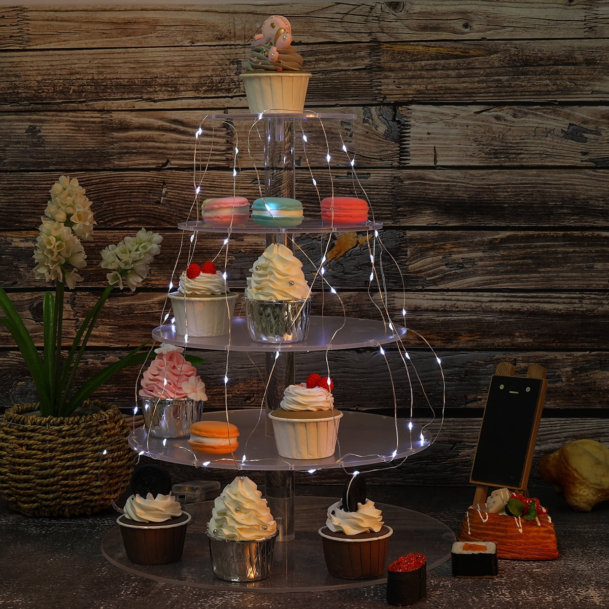4 Tier Square Acrylic Cupcake Wedding Party Tree Tower Stand With String Lights 