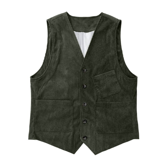 QSAWXQZ Men's Corduroy Vest V Neck Sleeveless Button Down Vintage Waistcoat with Pockets for Fall S