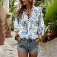thumbnail image 6 of NTACZA Casual Women'S Summer&nbsp;Tops Boho Paisley Blouses Knot Front Ruffled V Neck Relaxed Fit 3/4 Sleeve Puff Vacation Blue, 6 of 8