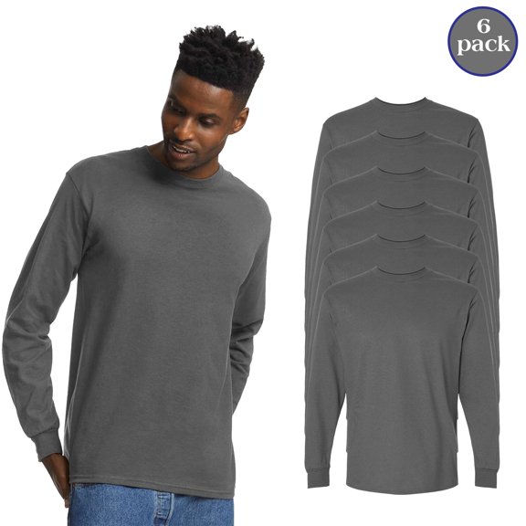 Gildan Ultra Cotton Long Sleeve T-Shirt for Men, Charcoal 6 Pack, Rib Cuffs Pullover Tee, Size S