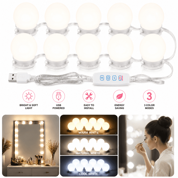 Hollywood Vanity Mirror Light Kit - Dimmable LED Stick-On Makeup Light with Bulbs for Bathroom or Bedroom Decor