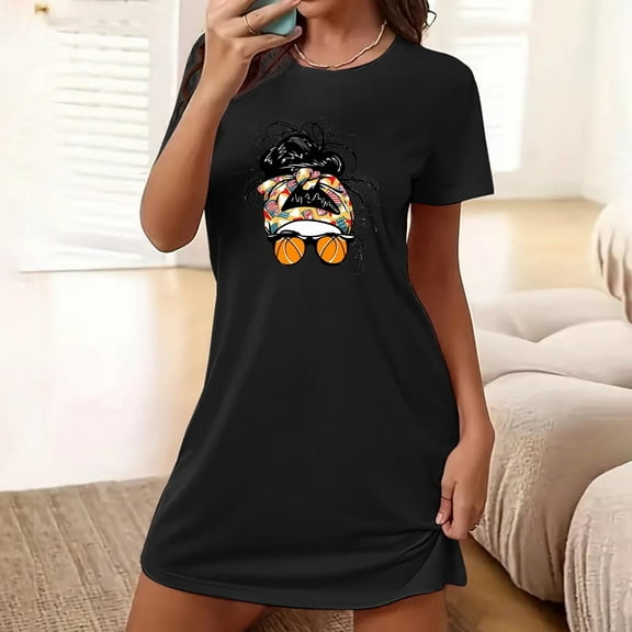 Sakmal Playful Moomoo Nightgowns Women Loose Black Lightweight Moomoo Dress Short Sleeve Crew Neck Short Cartoon Print Nightgowns S-2XL
