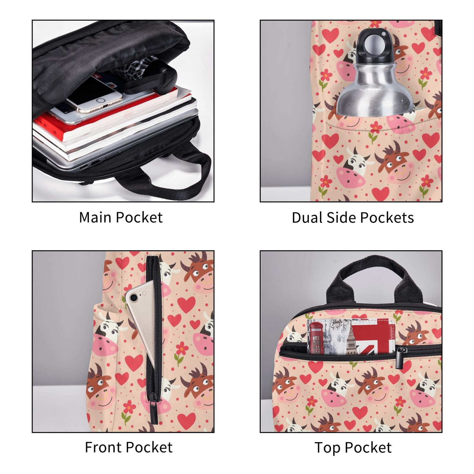 Xecao Cow Flower And Heart print Backpack For women men Aesthetic Lightweight Travel Daypack Simple Cute Backpack For Bookbag