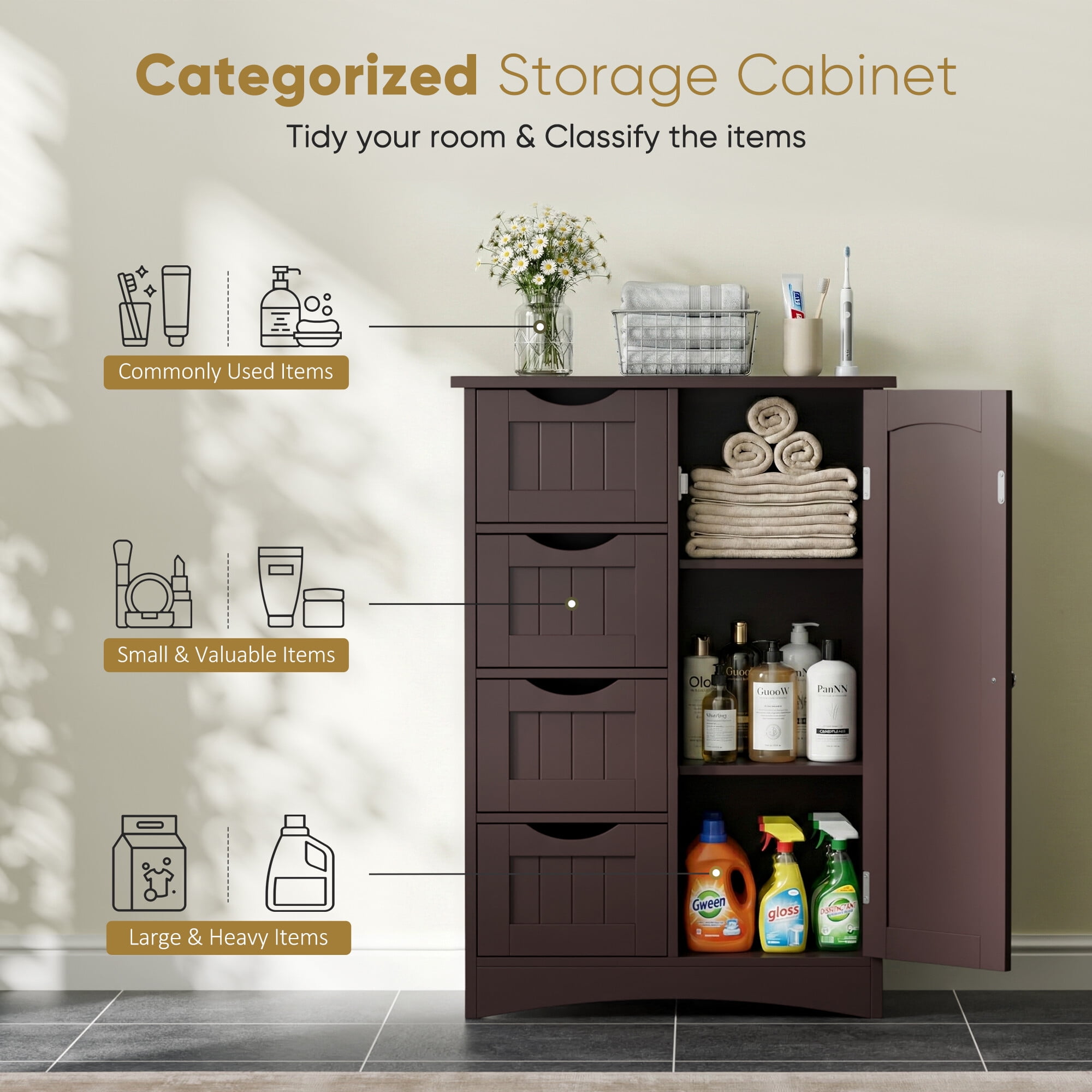 ZENSTYLE Bathroom Floor Cabinet Kitchen Organization 4 Drawers W/3 Tiers Side Space, Brown