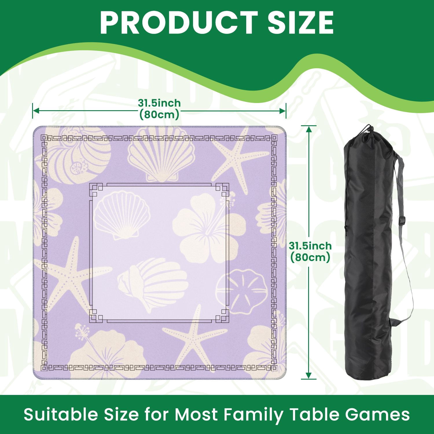 Mahjong Mat 31.5" x 31.5" Pastel Purple Tropical Seashell Starfish Hibiscus Flowers Non-Slip Noise Reduction American Mahjong Tiles Table Cover for Dominoes Poker Card Board Games Gift
