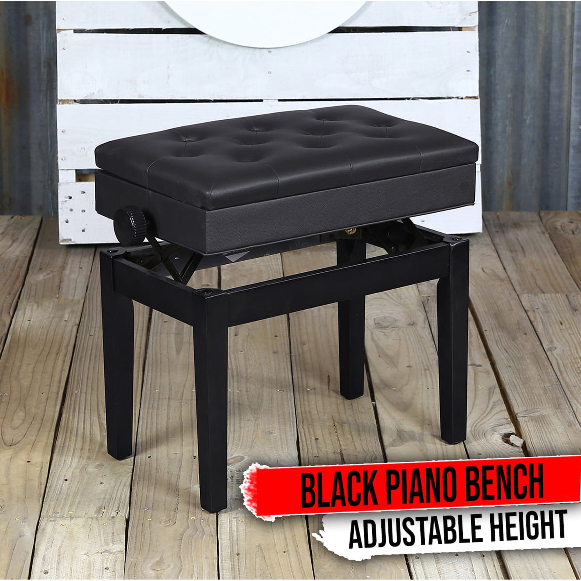 Griffin Black Leather Piano Bench - Wood Vanity Stool Keyboard Seat Guitar Chair