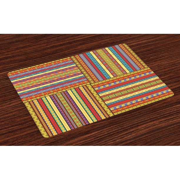 African Placemats Set of 4 Set of Ethnic Borders Pattern Old Fashioned Ancient Culture Colorful