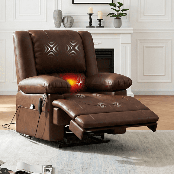 Poshby Dual Motor Lift Recliner Chair with Massage, Heat, Faux Leather For Living Room, Brown