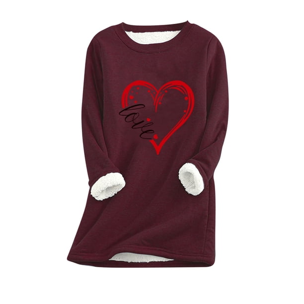 Sudadera de lana gruesa con estampado de amor y corazón a la moda para mujer, ropa interior cálida de terciopelo con cuello redondo, regalo superior para parejas Pompotops gfhjh15534