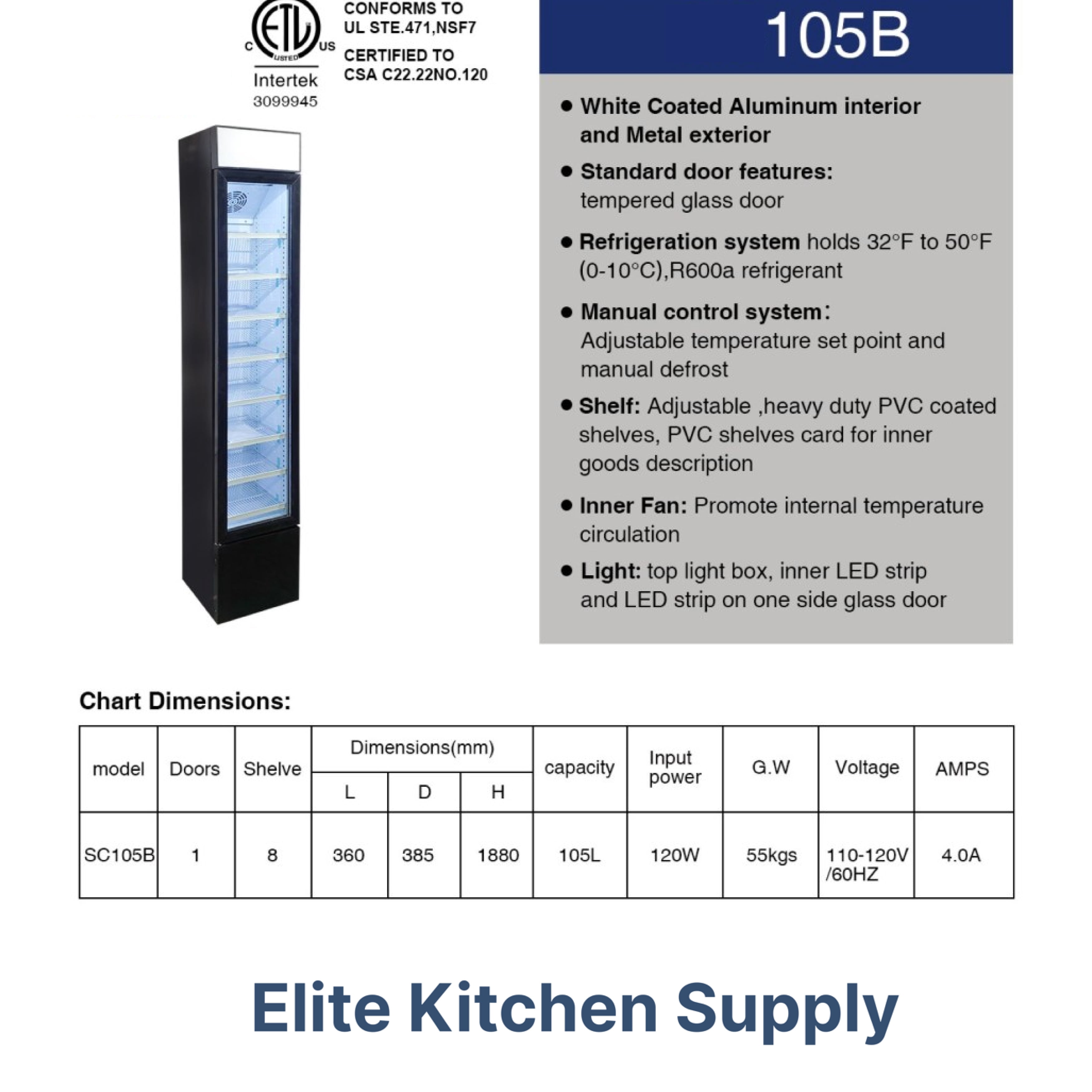 15 in. Width Commercial Narrow Glass Door Upright Reach-in Refrigerator 3.7 Cu.Ft. Cooler Display