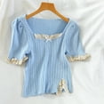thumbnail image 4 of Women's Fashion Slim Square Collar Lace Short Sleeve Knitted Pullover T-Shirt Tops,Blue, 4 of 9