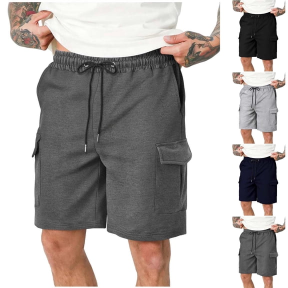 Tqyyweavej Men's Sweat Cargo Shorts Solid Color Wide Leg Drawstring Workout Shorts Pull-On Elastic Waisted Gym Shorts with Multi Pockets