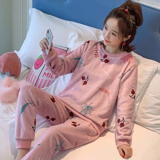 Pijamas de mujer de invierno de franela de manga larga con forro polar grueso de coral lindo traje de otoño e invierno para el hogar para mujer