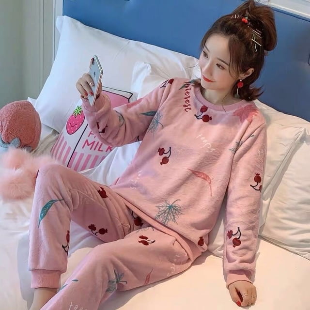 Pijamas de mujer de invierno de franela de manga larga con forro polar grueso de coral lindo traje de otoño e invierno para el hogar para mujer
