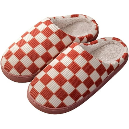 

PIKADINGNIS Fashion Checkboard Check Fuzzy Slippers for Women Men Warm Fluffy Fur Plush Soft House Shoes Color Contrast Grid Anti-slip Indoor