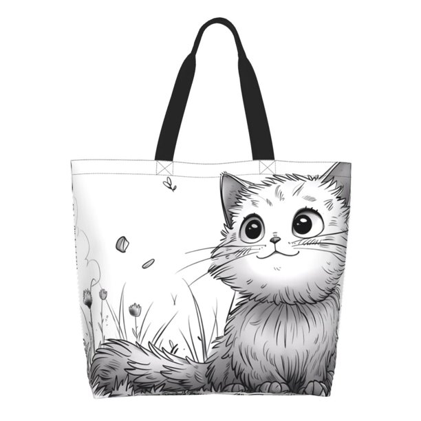 Balery Cute Cat Meadow Sketch Bolsa Tote Estilo Estético con Cremalleras, Bolsa de Hombro, Bolsa de Compras Grande y Plegable