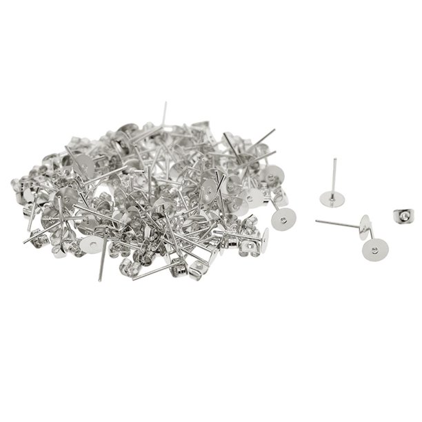 100 piezas de aretes de hierro con almohadilla plana de 6 mm y 100 piezas de cierre de arete Plata